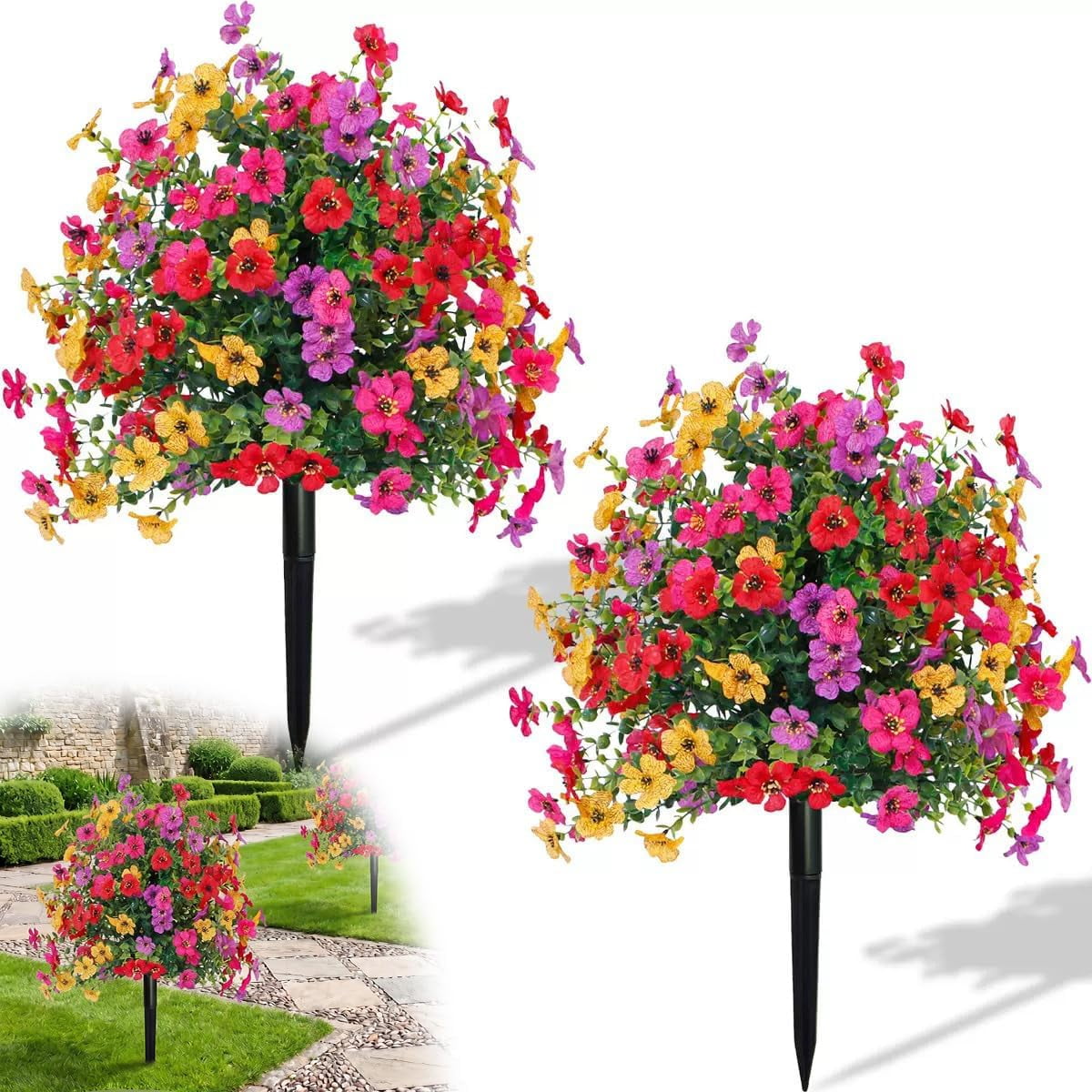 2 Pack Artificial Petunias with Ground Stake, 22" Outdoor Faux Flowers for Garden, Yard, Planter and Porch, Lifelike Decorative Flowers for Indoor Outdoor Home Decor