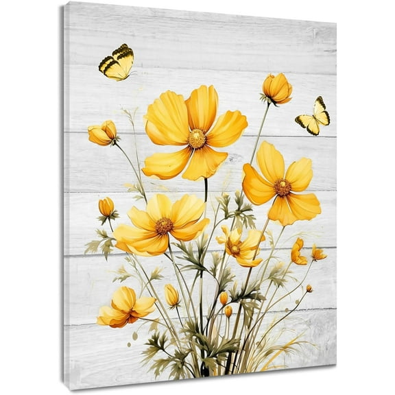 Yellow Floral Wall Art Country Flower and Butterfly on Rustic Wooden Boards Canvas Wall Art Nature Plant Framed Wall Art for Bedroom Bathroom Home Wall Decor,16L X 12W inches