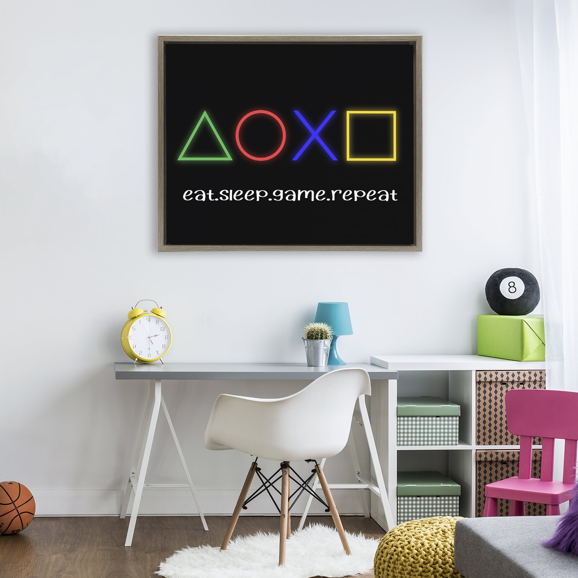 Neon Gaming Symbols & Words Brown Framed Floater Canvas Wall Art, design by Christine Simpson Art