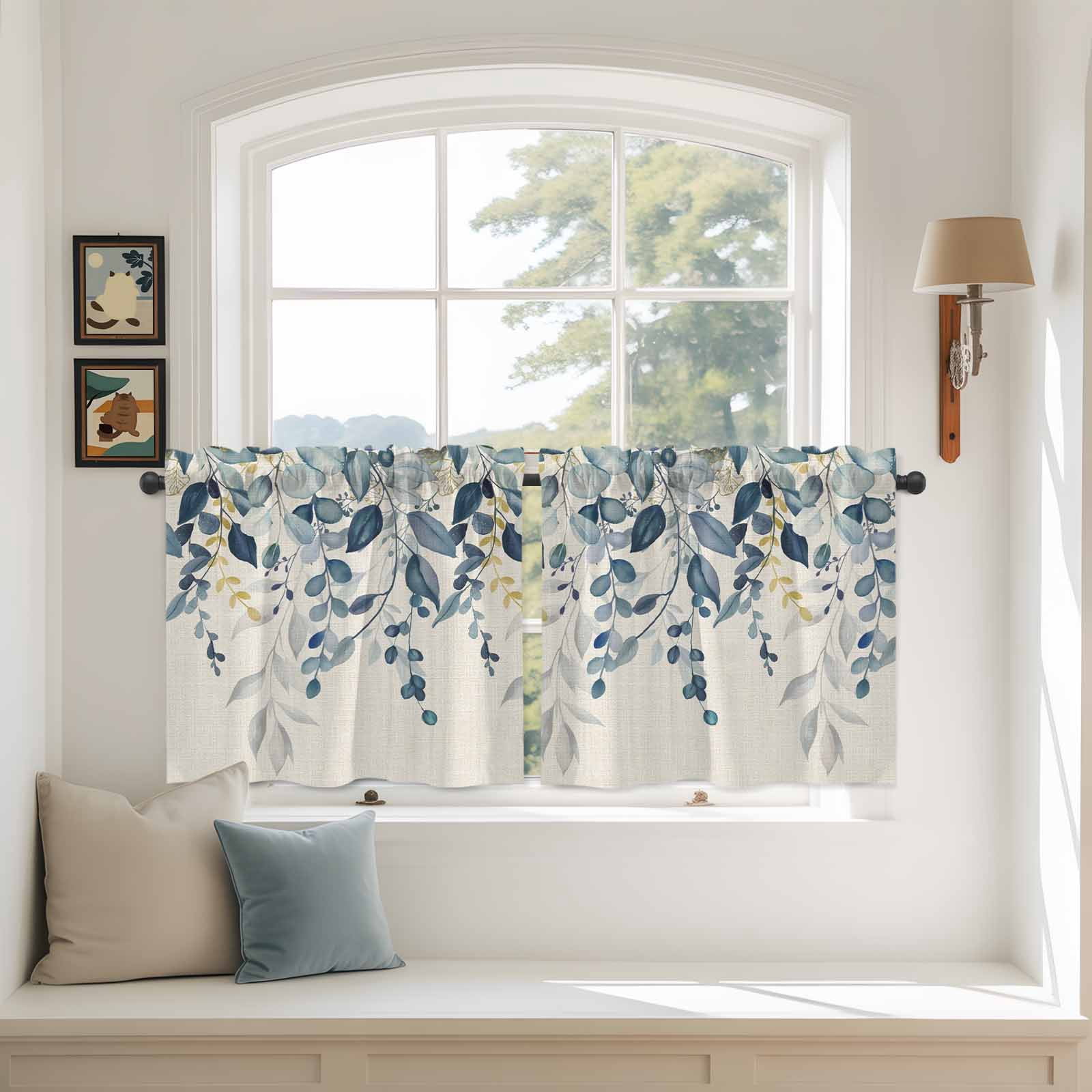 Navy Blue Eucalyptus Tier Curtains 36 Inch Length, Farmhouse Weeping Leaves Linen Cafe Short Curtains for Bathroom Over Sink, Small Kitchen Curtain Light Filtering Tiered Drapes 2 Panels 27.5"Wx36"L