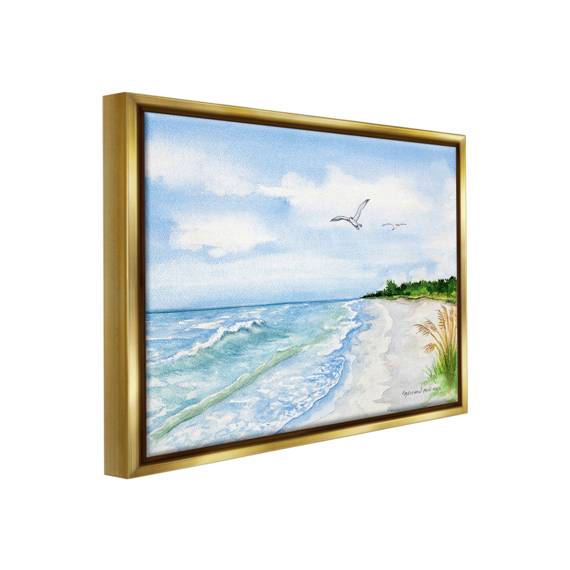 Stupell Industries Traditional Seagull over Beach Landscape Painting Gold Floater Framed Canvas Art Print Wall Art, 21 x 17