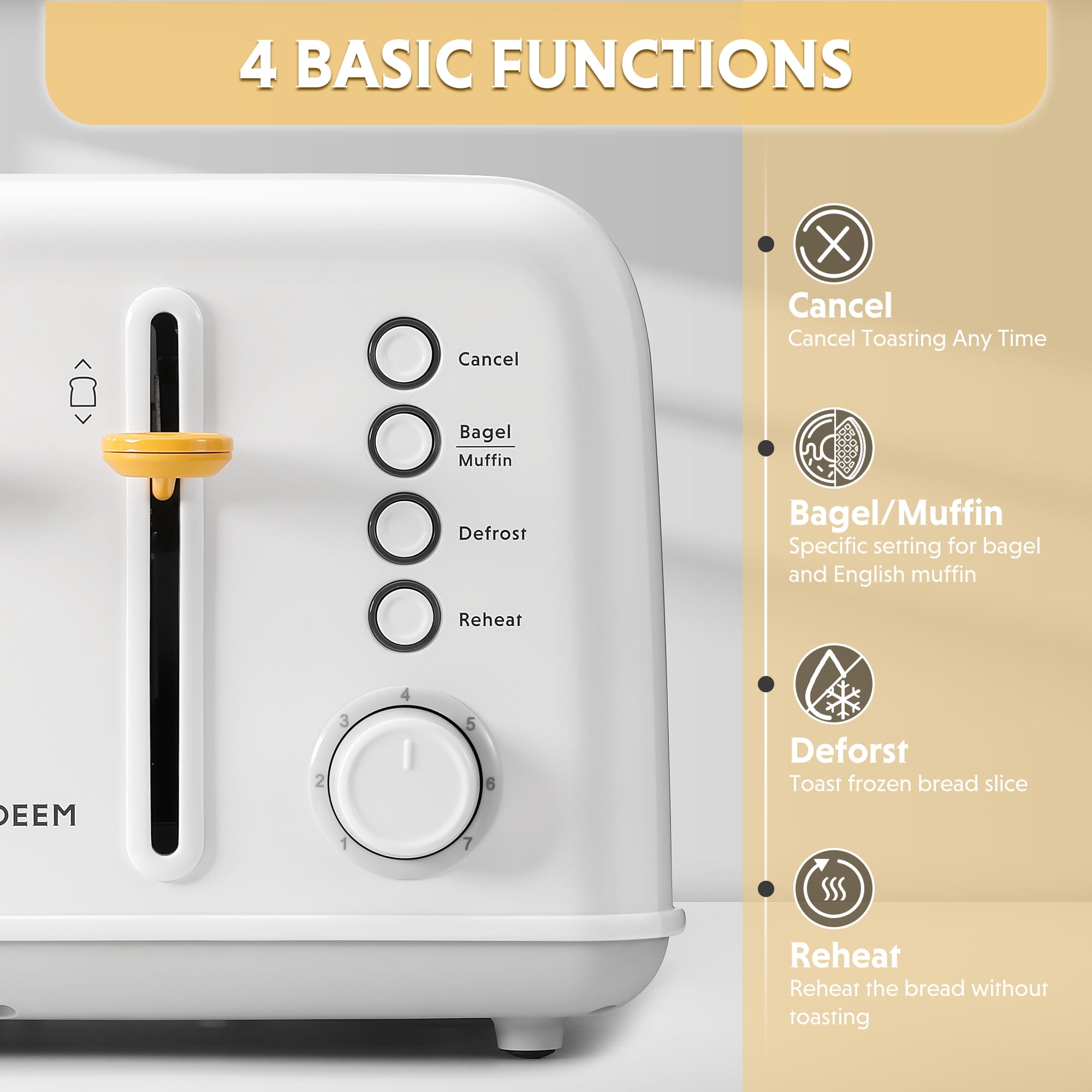 BUYDEEM DT640 4 Slice Toaster, Extra Wide Slots, Retro Stainless Steel with High Lift Lever, Bagel and Muffin Function, Removal Crumb Tray, 7-Shade Settings (Arctic White, 4-Slice)