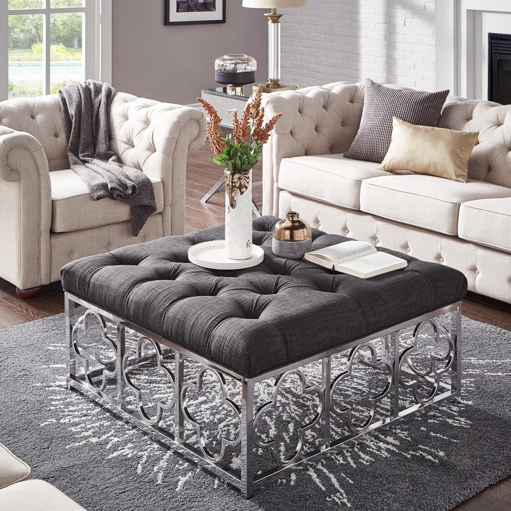 Weston Home Libby Button Tufted Cushion Chrome Quatrefoil Base Square