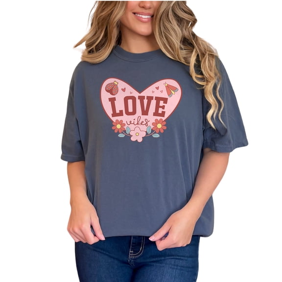 Heart Shaped Love Vibes Floral Art, Denim Comfort Colors T-Shirt, Small