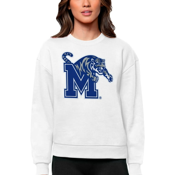 Women's Antigua White Memphis Tigers Victory Crewneck Pullover Sweatshirt