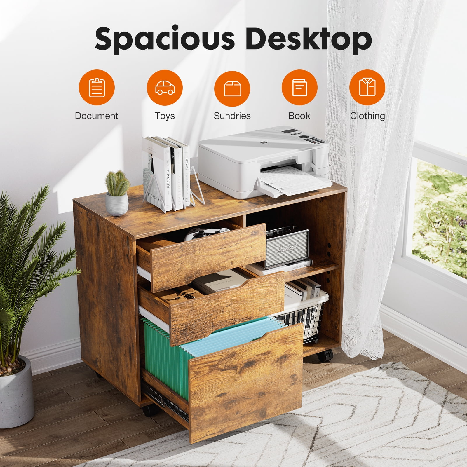 Bigleap 3-Drawer File Cabinet, Mobile Printer Stand with Open Shelves & Locking Wheels, Wood Rolling Storage Cabinet for Home Office Desk Organization,Brown