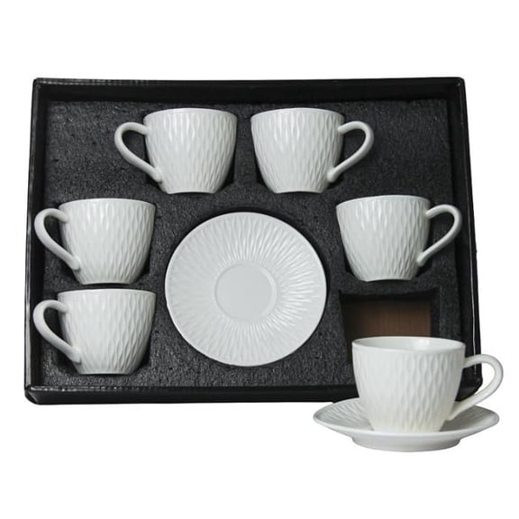 12 piece set Hand Made Classic Coffee Tea Cups Mugs With Saucers Large W/Handles White Diamond pattern