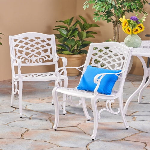 Traditional Cast Aluminum Outdoor Dining Arm Chairs Set of 2 with Floral Accents, White