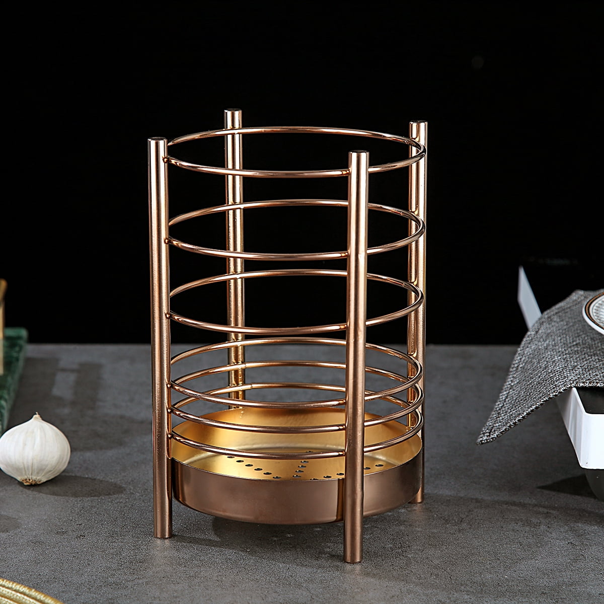 Just Houseware Rose Gold Stainless Steel Utensil Holder, Cooking Utensil Organizer with Drain Holes, Extra Large Kitchen Utensil Holders for Countertop