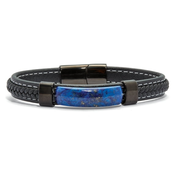 Men's Genuine Blue Lapis Black Ruthenium-Plated Braided Leather Bracelet 9-inch
