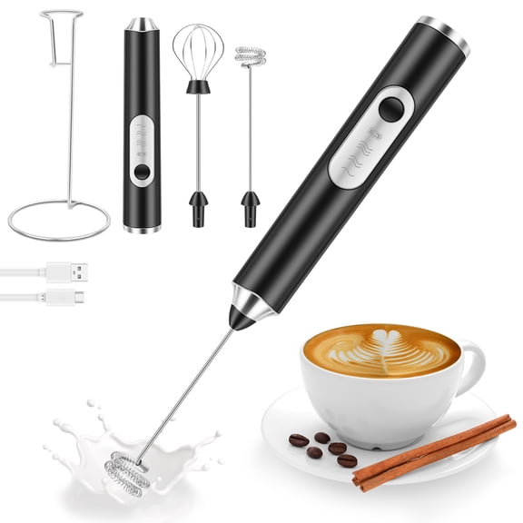 Rechargeable Milk Frother Handheld with 2 Detachable Stainless Steel Whisks, 3 Speed Adjustable Electric Whisk Foam Maker Cordless Handheld Drink Mixer, Frother Wand for Coffee with Stand
