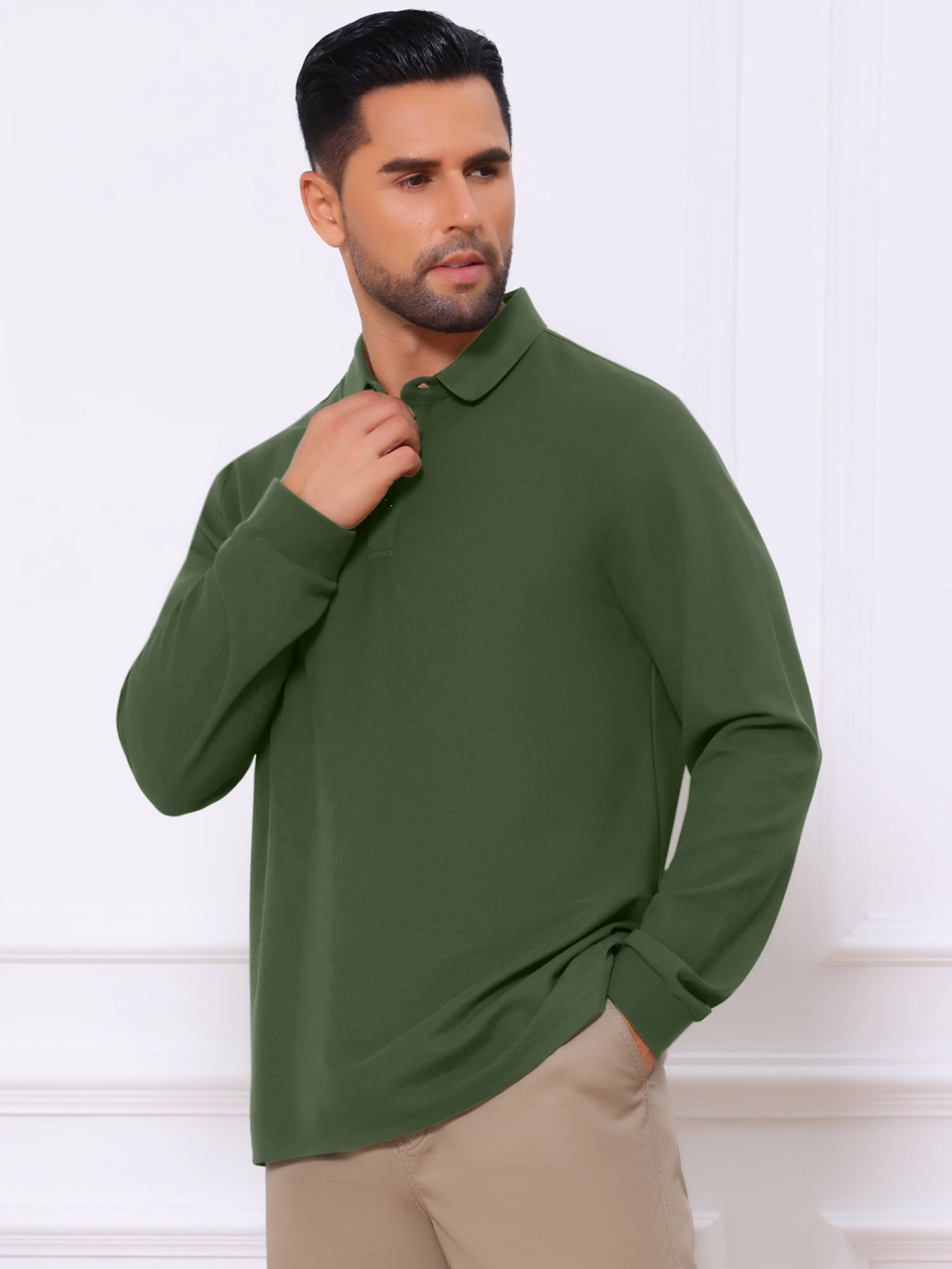 DARING DIVA Men's Classic Solid Color Long Sleeves Basic Golf Polo T-Shirts M Green