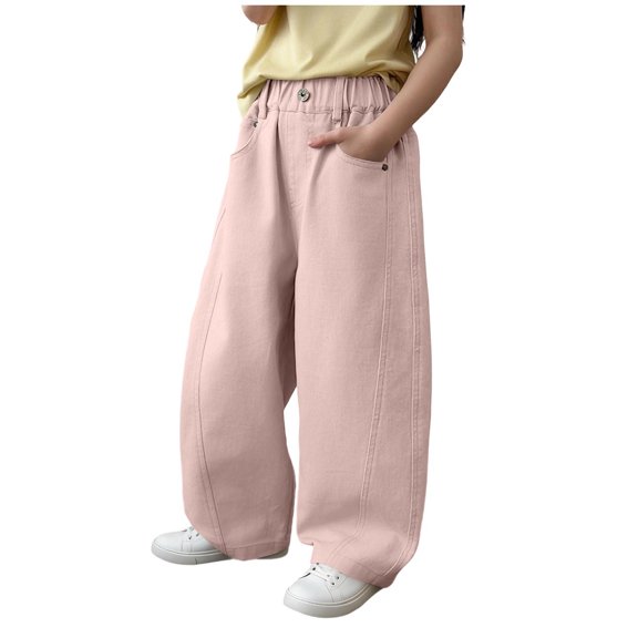 Girls Dusty Pink Wide Leg 100% Cotton Twill Pants Elastic Waist School Play Casual Kids Trousers 3-14Y,Size 7 T