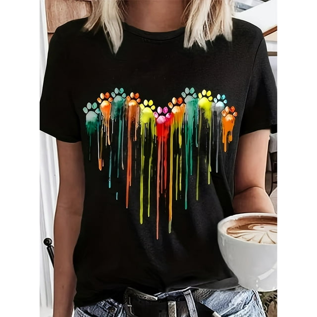 Camiseta De Mujer Camiseta De Verano Para Mujer Para Viajes En La Calle TrabajoWomen's Casual Crew-neck T-shirt, Fun Fluid Love Dog Paw Print Casual Short-sleeved TopFather's Day, Mother's Day, New