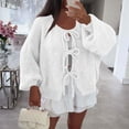 thumbnail image 7 of TrdSipl Womens Tie Front Cardigan Sweaters Cute Bow Long Puff Sleeve Sweater Winter Loose Ribbed Knit Stylish Knitwears White M, 7 of 7