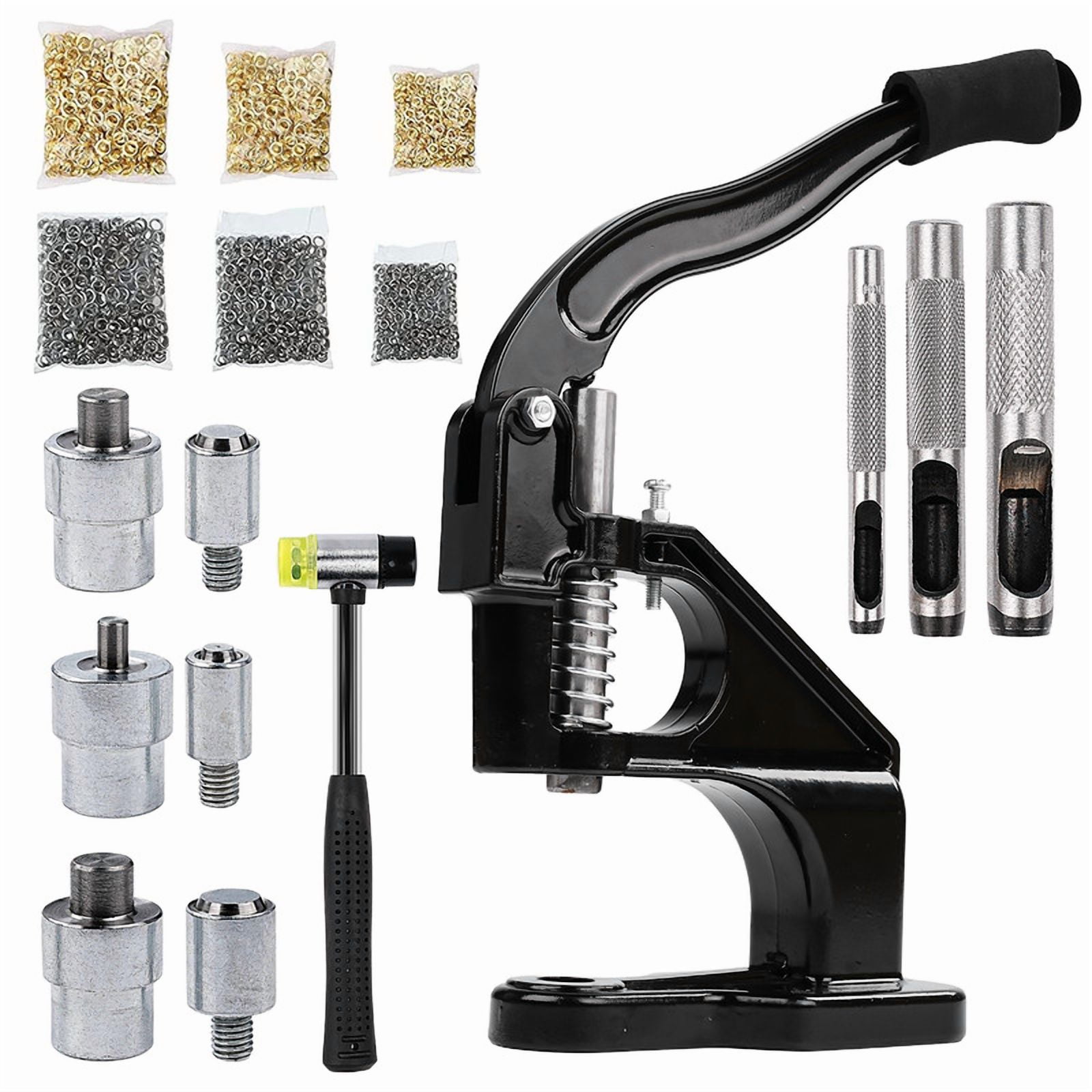 Heavy-duty Punching Machine Kit, Hand-pressed Punching Rivet Setting Tool, For Fabrics, Leather, Banners And DIY Projects, 3 Molds (6mm, 10mm, 12mm) And 3000 Gold And Silver Sealing Rings (Black)