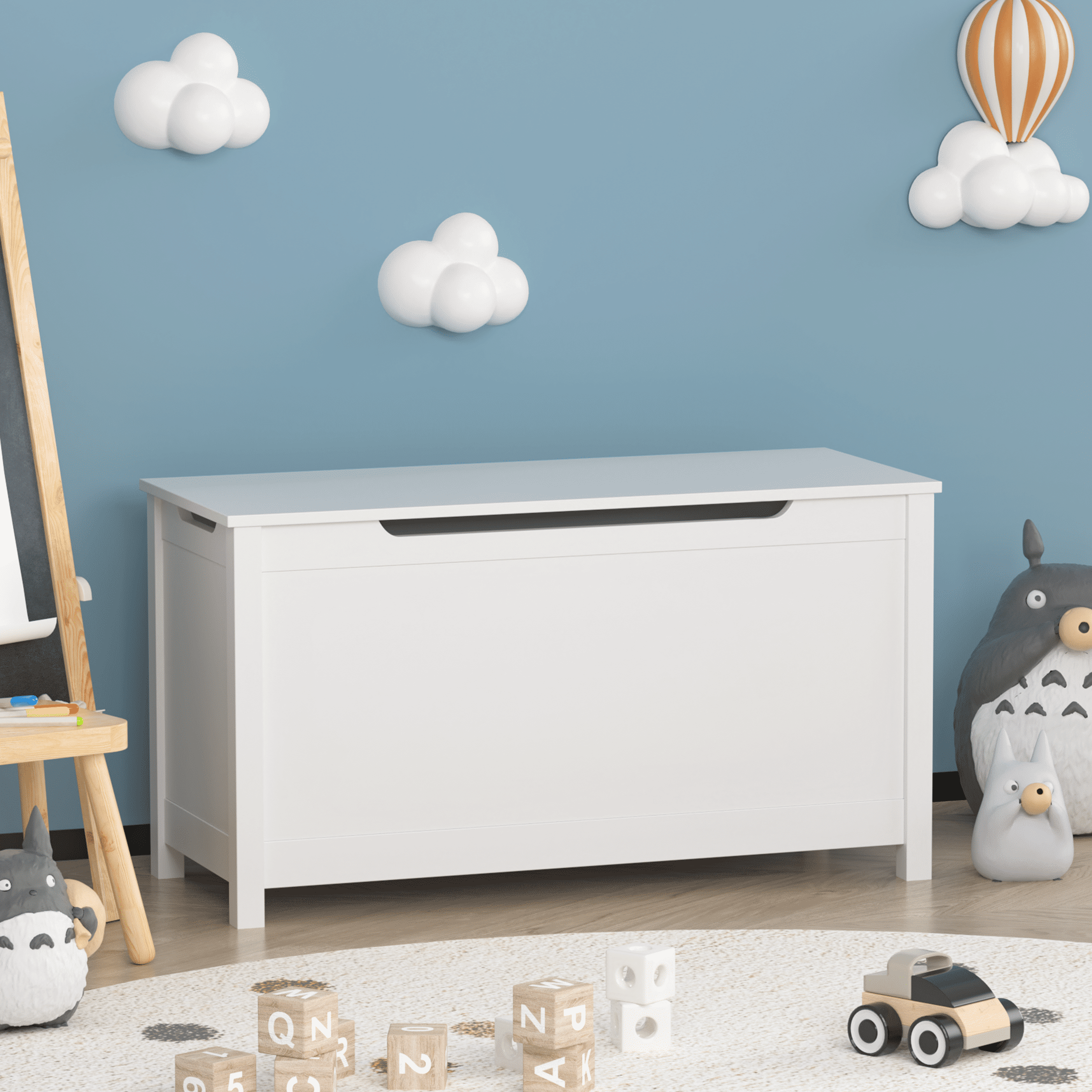 PAPROOS Toy Box for Boys Girls, Wooden Kids Toy Chest with Storage Bench and Safety Hinged Lid, Modern Toy Storage Organizer for Living Room, Bedroom, Toddler Room, White