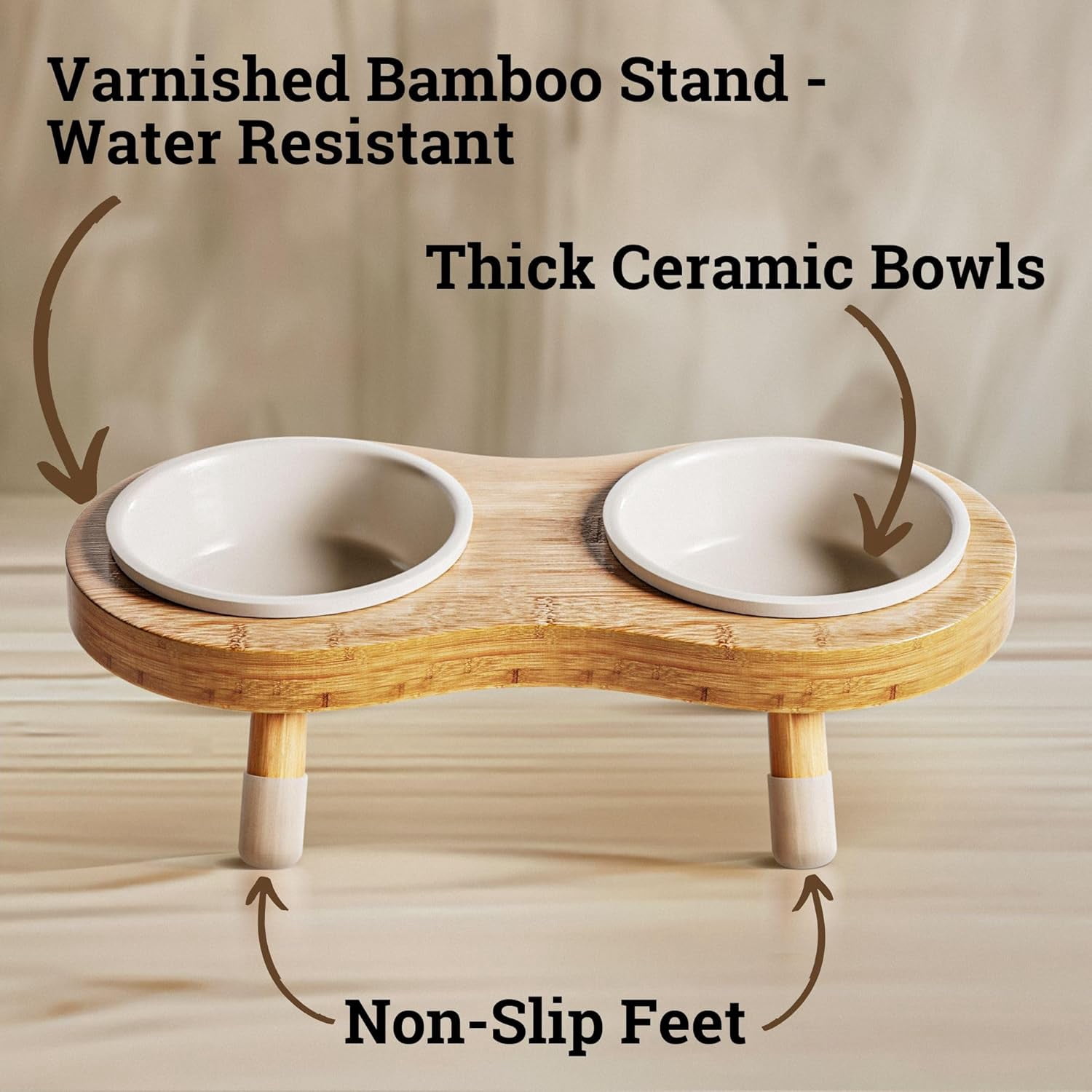 Absorbent Non-Slip Pet Feeding Mat with Elevated Ceramic Cat Bowls, 15° Tilted Bamboo Stand, Quick-Dry Mat for Cats & Small Dogs