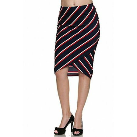 Sassy Apparel Women's Fitted Knee Length Wrapped Stripe Asymmetric Pencil Skirt (Large, Red-1160PS1)