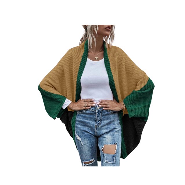 Mialoley Women Open Front Sweater, Color Block Batwing Sleeve Knit Cardigan