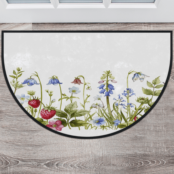 CURLYOOT Wildflower Summer Half Round Door Mat 40'' x 63'', Indoor Outdoor Entrance Rug, Semi Circular Area Rug, Non Slip Washable Absorbent Doormat, Strawberry Flower Laundry Room Rug