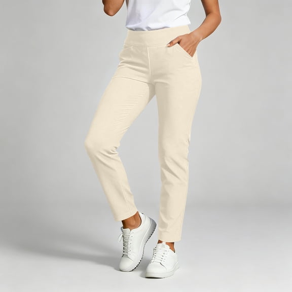 Women's High Waisted Stretchy Ankle Pants, Straight Leg Pull on Yoga Work Trousers with Pockets, Casual Daily Wear or Office, Breathable and Comfortable Beige L