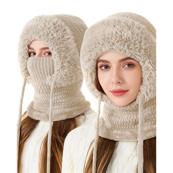 3 in 1 Beanie Hat with Scarf and Mask Winter Hats for Women Outdoors Ski Mask One Piece Neck Balaclava Gifts for Mom