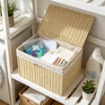 thumbnail image 5 of AYktou Wicker Storage Basket with Lid, Stackable Hand Woven Basket for Storage, Removable Fabric Liner Decorative Organizer Bin Storage Box for Wardrobe Closet & Shelf, Home Organizer Gift Baskets, 5 of 6