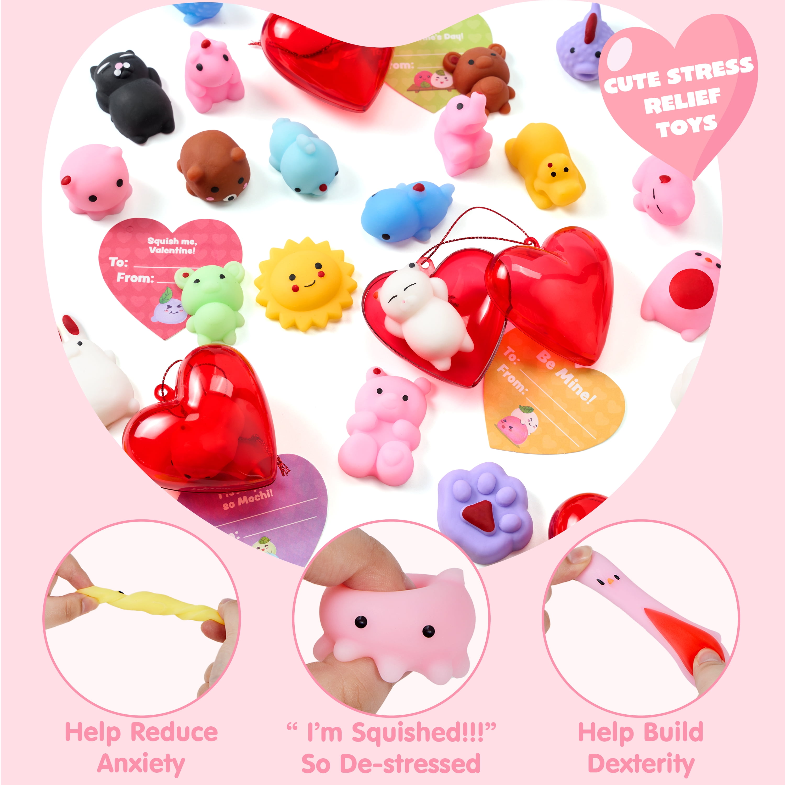 Joyfy 28 Packs Valentines Gifts for Kids, Stress Relief Mochi Squishy Toys Filled Hearts for Kids Classroom Exchange Cards Gifts, Valentines Party Favors