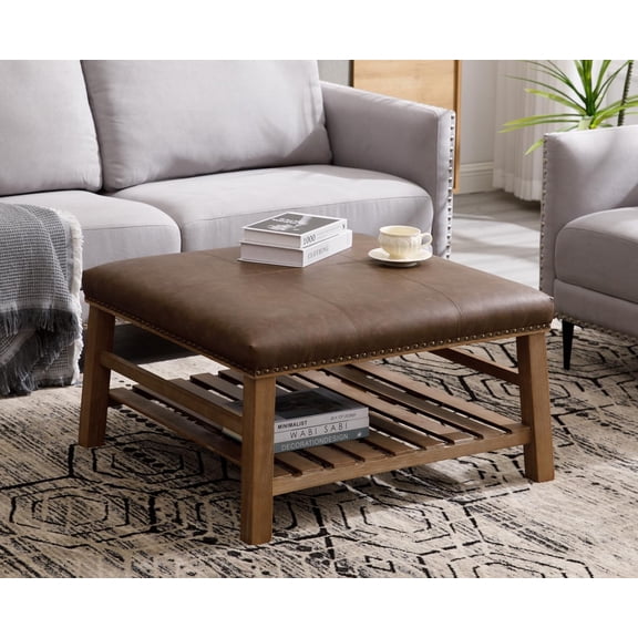 Kmax 32-Inch Dark Brown Faux Leather Coffee Table Large Square Ottoman Foot Rest Stool Upholstered Coffee Table with Wooden Shelf Storage for Living Room Office