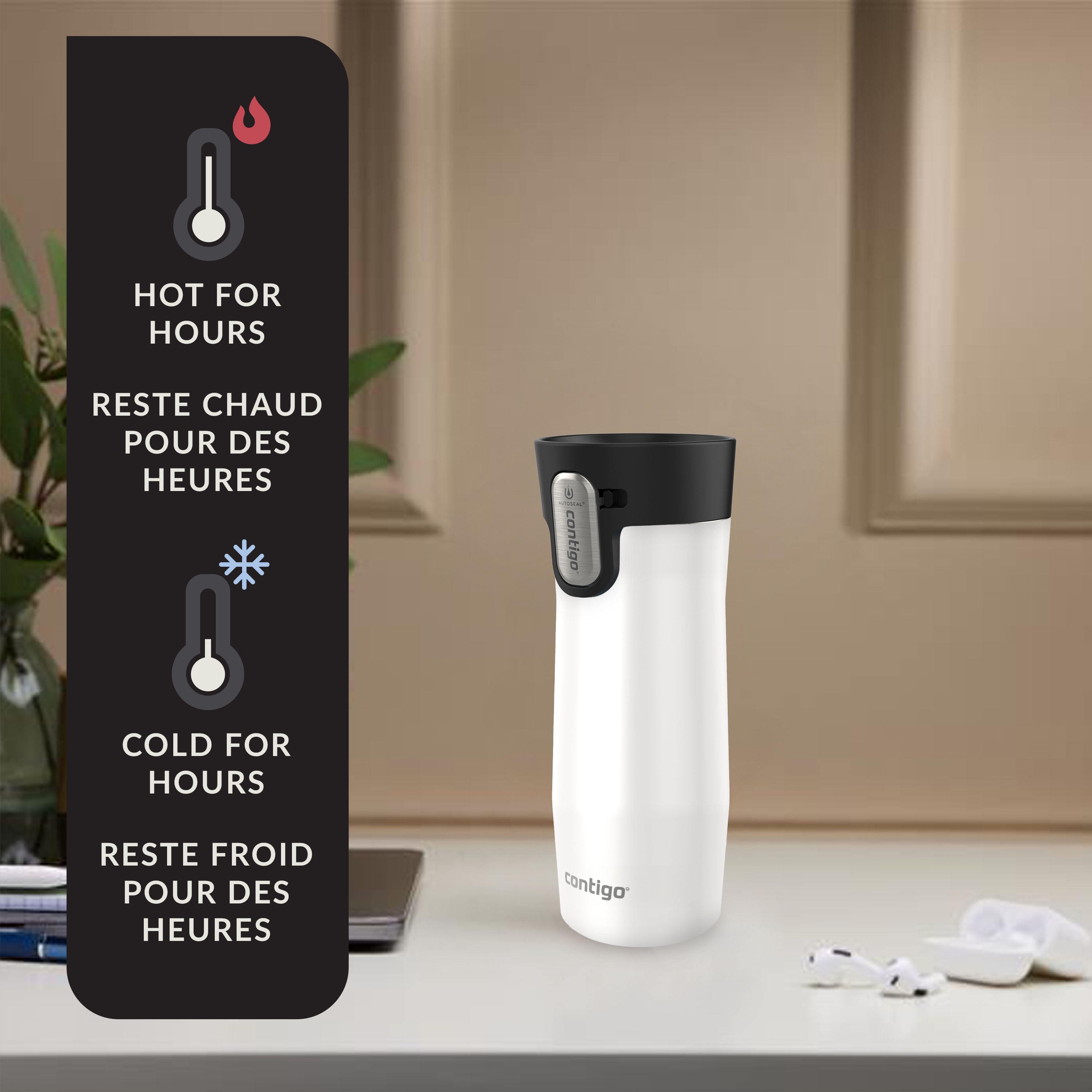 Contigo AUTOSEAL West Loop Vacuum-Insulated Stainless Steel Travel Mug with Easy-Clean Lid, 16 oz (473 ml), Salt Frosted Pearl