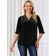 thumbnail image 4 of DARING DIVA Women's Velvet V Neck 3/4 Puff Sleeve Casual Blouse L Black, 4 of 8
