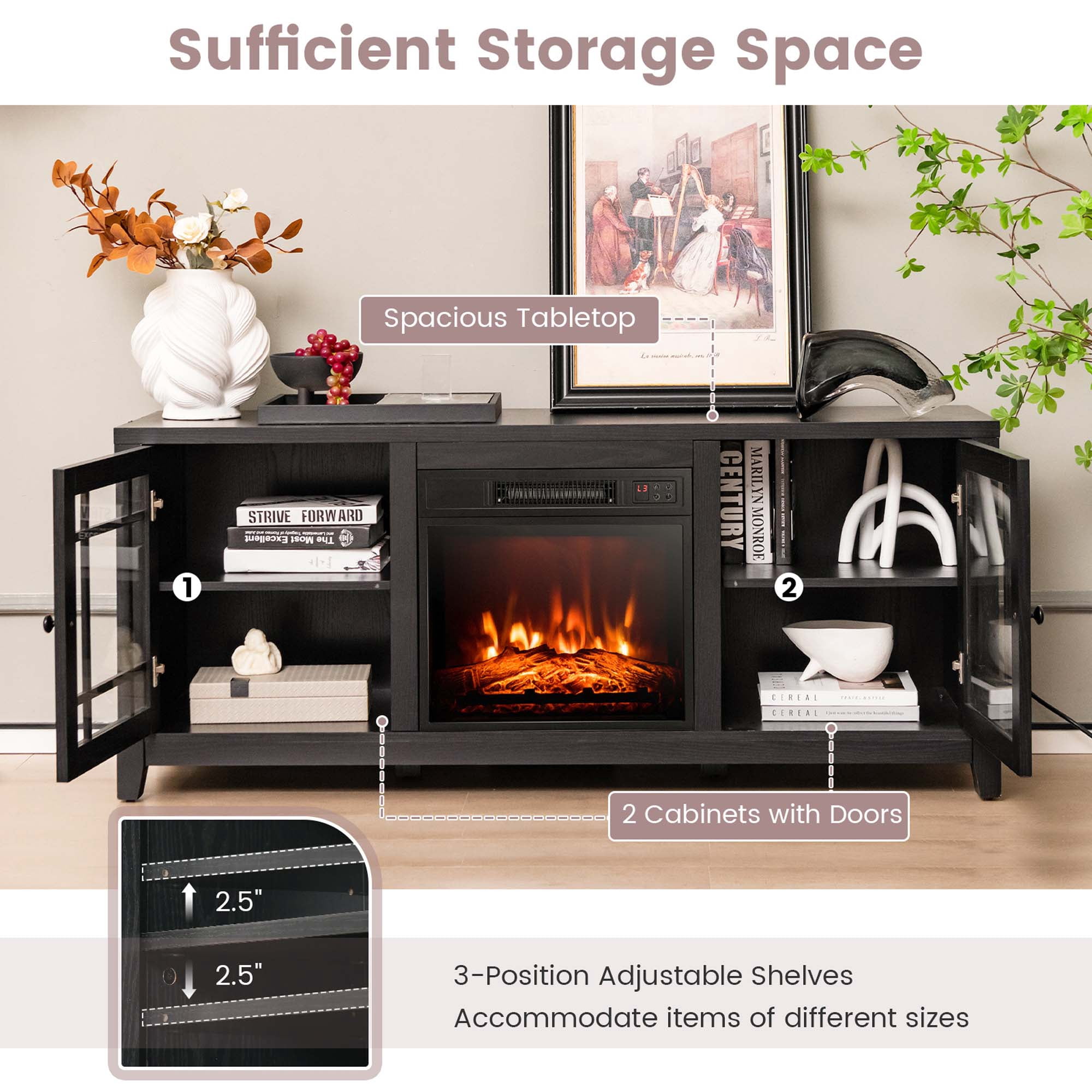 Costway 58 Inches Fireplace TV Stand for TVs up to 65 Inches with 1400W Electric Fireplace Black
