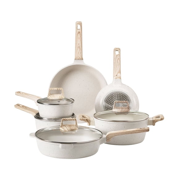 17 Piece Pots and Pans Set Nonstick Granite Cookware Induction Ready - White Kitchen Set
