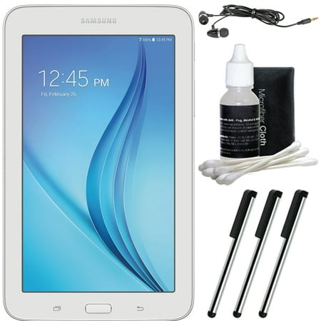 Samsung Galaxy Tab E Lite 7.0" 8GB (Wi-Fi) White Accessory Bundle includes Tablet, Cleaning Kit, 3 Stylus Pens and Metal Ear Buds