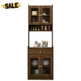 thumbnail image 3 of GZXS Farmhouse Pantry Cabinet in Walnut Finish, Freestanding Kitchen Storage Cupboard with Hutch, 4 Glass Doors, Drawer, and Microwave Shelf, 23.62"L x 15.75"W x 70.87"H, 3 of 9