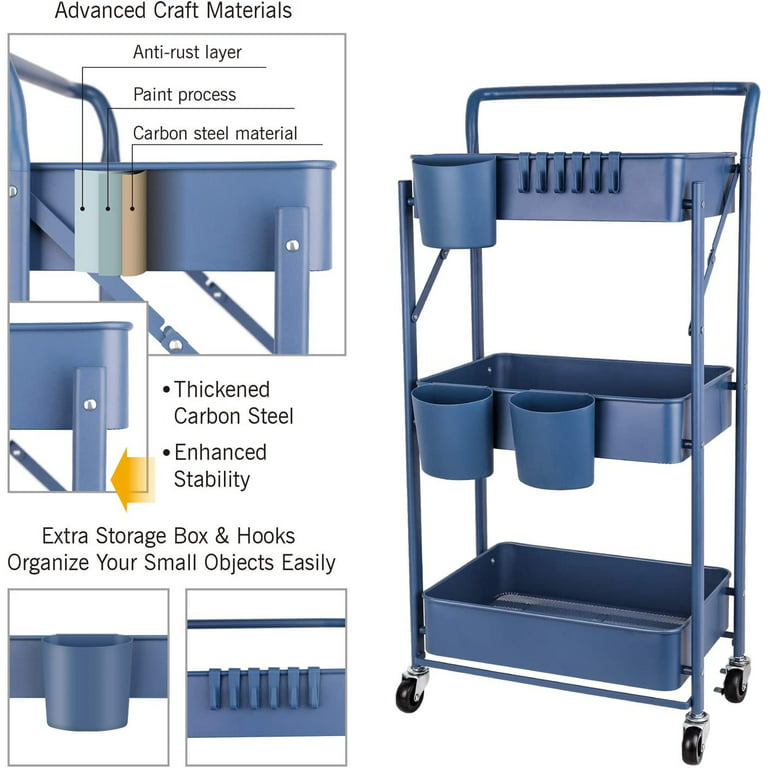 3 Tier All-Metal Rolling Cart, Trolley Craft Cart with Locking Wheels, Easy-Carry and Assembly Mesh Trolley Cart with 1 Small Baskets and 4 Hooks