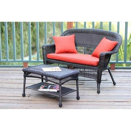 Jeco Espresso Wicker Patio Love Seat And Coffee Table Set With Cushion