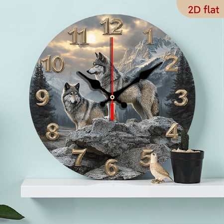 2D Flat 1pc 10Inch Wooden Mountain Wolf Pack Stone Wall Clock Silent Round Wall Clock with Wolf Design, Battery Operated (AA Not Included) for Living Room Bedroom Decor, Perfect Gift for Birthdays