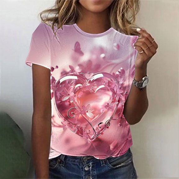 successthop Pink Womens Plus Size Tops Short Sleeve Valentines Womens Tops Plus Size Round Neck Polyester Casual Love Heart Printed Lover Gift Blouse Tops for Valentines Gifts 2XL