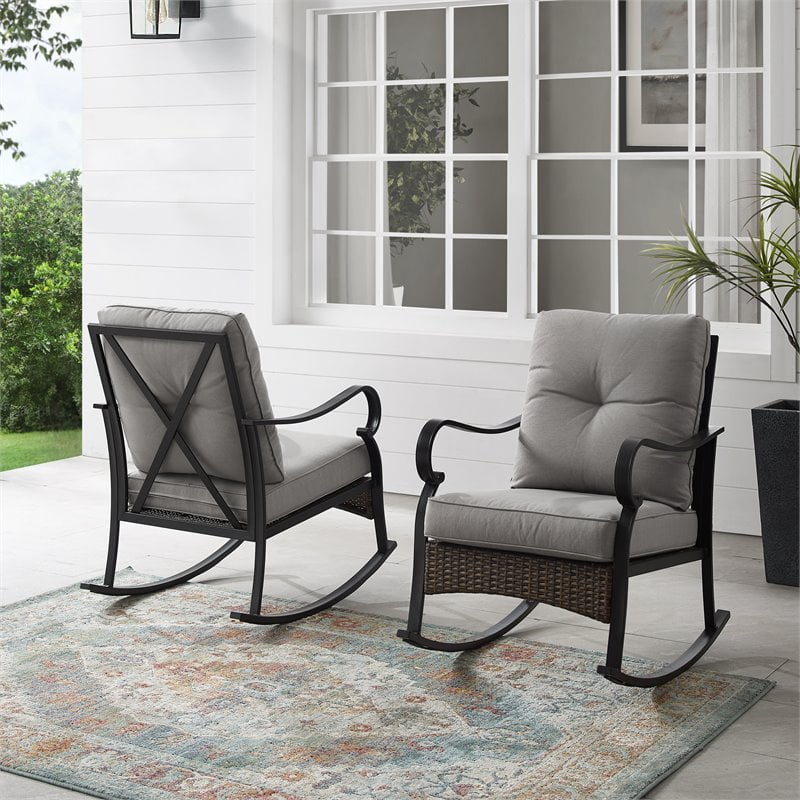 Dahlia 2Pc Outdoor Metal And Wicker Rocking Chair Set Taupe/Matte Black
