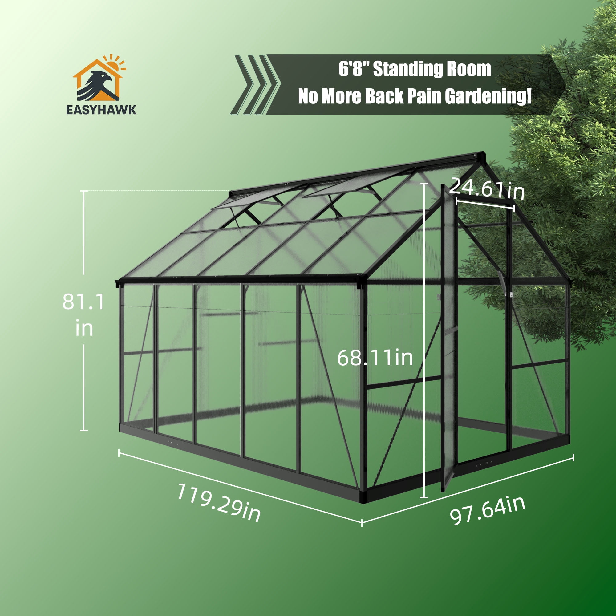 EASYHAWK 8x10 FT Greenhouse for Outdoors, Polycarbonate Green House with Quick Setup Structure and Roof Vent, Aluminum Large Walk-in Greenhouse for Outside Garden Backyard, Black