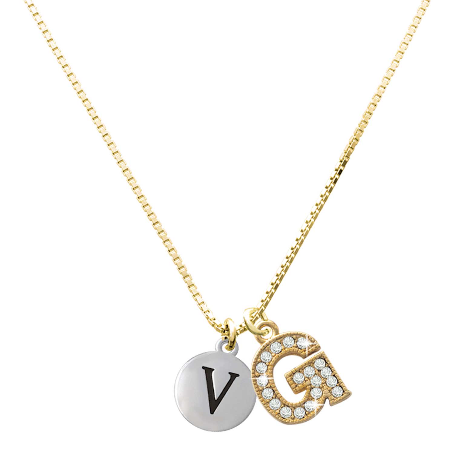 Delight Jewelry Silver-tone Capital Letter - V - Pebble Disc and a Large Goldtone Crystal Initial G Charm Necklace 17.5 +2