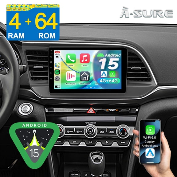 Asure 9" Android 15 Stereo 4 64GB Car Radio for Hyundai Elantra MK6 (2019-2020) with Wireless CarPlay/GPS Nav/Wi-Fi/BT 5.4/DSP