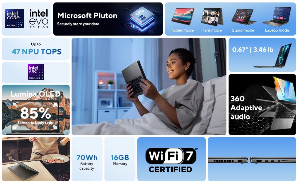 ASUS Vivobook Flip 14" Touchscreen Laptop, OLED WUXGA, Intel Core Ultra 7 256V, FHD IR Camera, Backlit Keyboard, Wi-Fi7, Thunderbolt4, Win11 Home, w/Stylus&Wireless Mouse (16GB RAM | 512GB SSD)