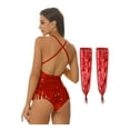 thumbnail image 2 of iiniim Womens Latin Dance Sparkly Sequins Leotard with Fringe Modern Jazz Dancewear Red S, 2 of 7