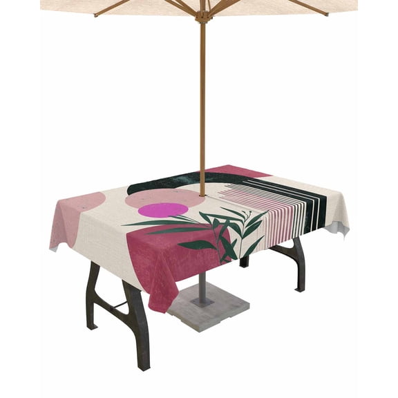 Fsddascl Boho Middle Century Outdoor Tablecloth - 52x70 Inch Rectangle Dining Table Cover, Abstract Pink Geometric Leaves Waterproof Outdoor Table Cloth with Umbrella Hole & Zipper for Picnic/Patio