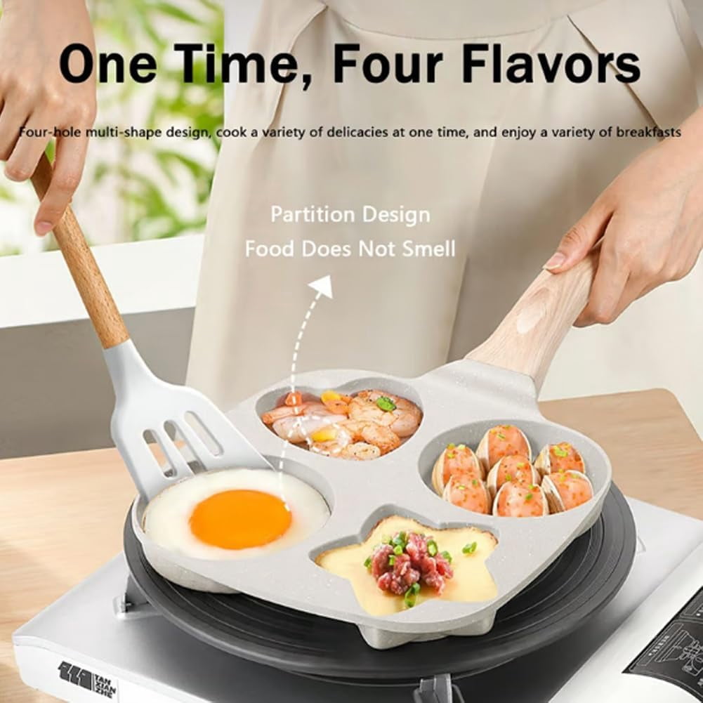 RAPOBRIX 1 Set 4-Cup Skillet with Handle, Mini Nonstick Pancake Maker for Breakfast, Non Stick Egg Frying Pans 4-Cups Shapes Mold, Multi-Purpose Fl...