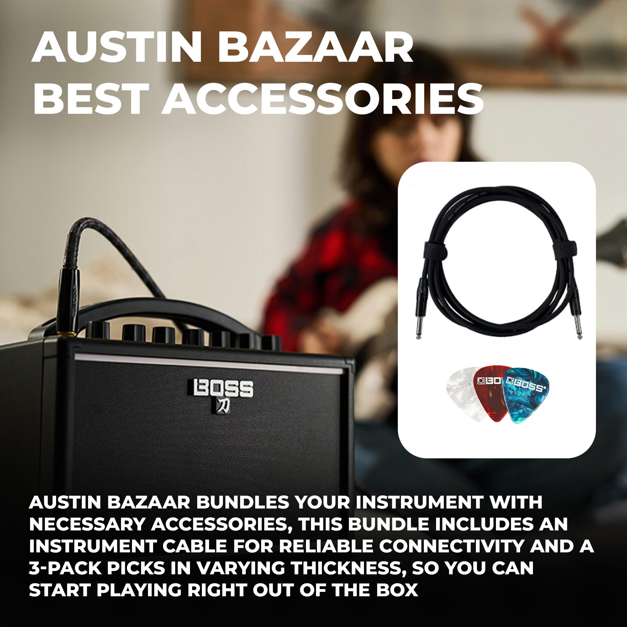 Boss Katana Mini Guitar Combo Amplifier Bundle with Gearlux Instrument Cable and 3-Pack Picks