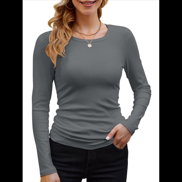 Camisetas Básicas Ajustadas Informales de Cuello Redondo y Larga Acanaladas para Mujer Gris Oscuro XL
